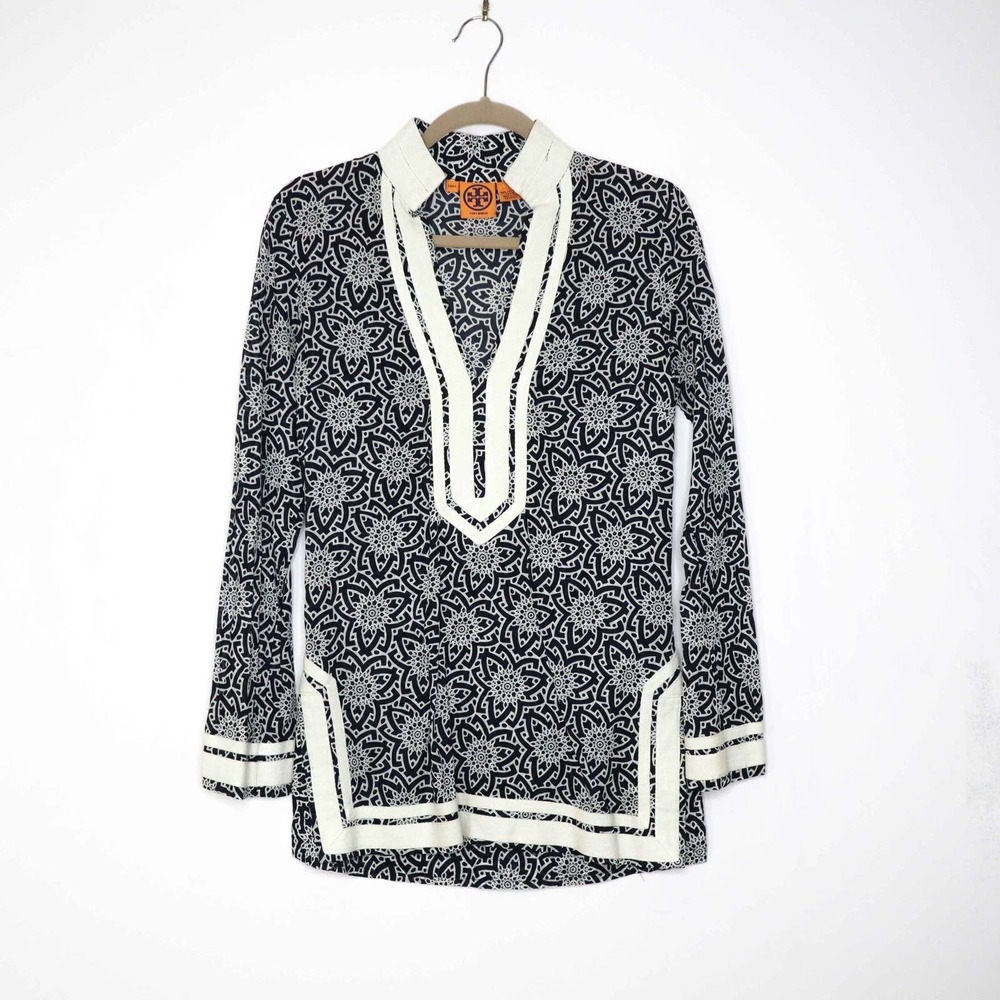 TORY BURCH Damask Floral Print Cotton Tunic Top Contrast Trim Black White 4